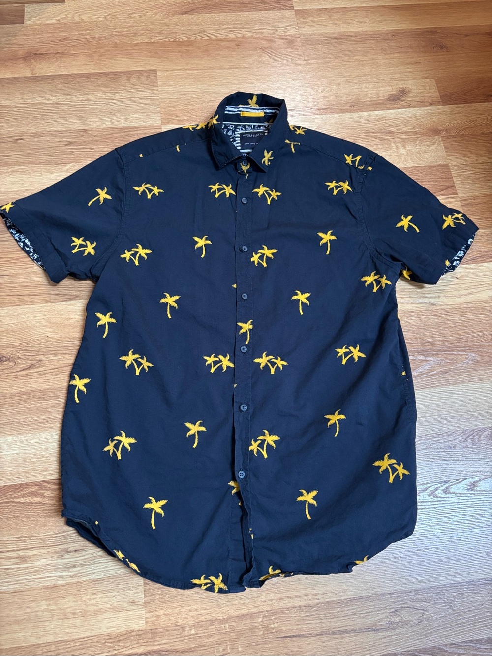 Tropical Palm Tree Denim & Flower Ricky Singh Men's Beach Button-Up Shirt Medium